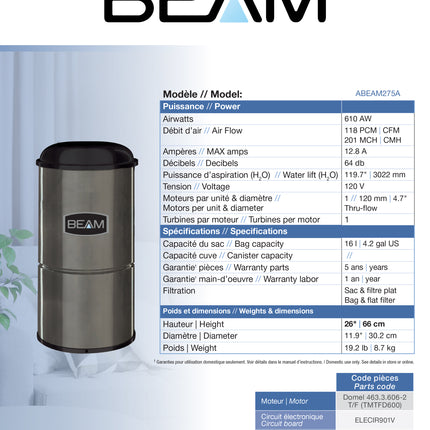 Aspirateur central Beam ABEAM275A