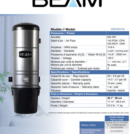 Aspirateur central Beam ABEAM375A
