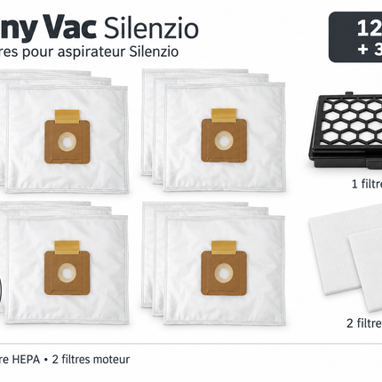 Sacs (12), ensemble de filtres pour aspirateur Johnny Vac Silenzio