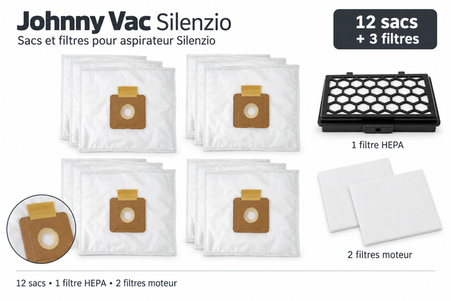 Sacs (12), ensemble de filtres pour aspirateur Johnny Vac Silenzio