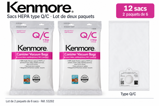 Sacs HEPA pour aspirateur Kenmore type Q/C — 12 sacs (2 paquets)
