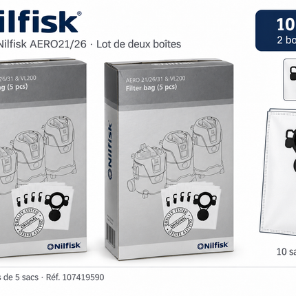 Sacs Nilfisk AERO21/26, lot de deux boîtes de cinq sacs, 10 sacs au total, référence 107419590