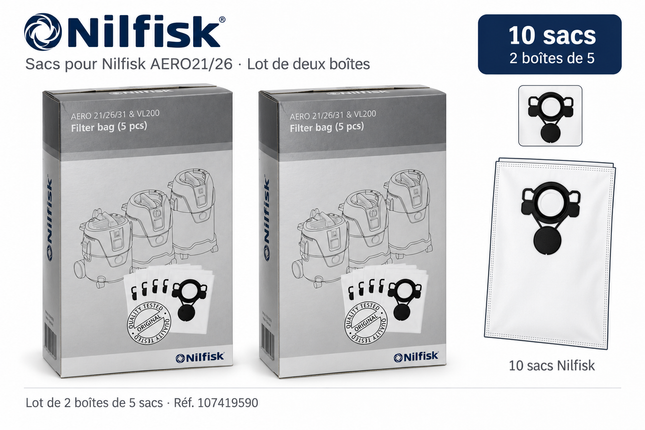 Sacs Nilfisk AERO21/26, lot de deux boîtes de cinq sacs, 10 sacs au total, référence 107419590