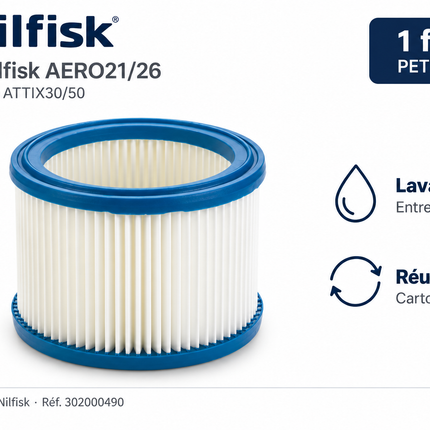 Filtre d’origine Nilfisk AERO21/26 et ATTIX30/50, PET lavable, référence 302000490, 1 filtre