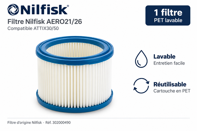 Filtre d’origine Nilfisk AERO21/26 et ATTIX30/50, PET lavable, référence 302000490, 1 filtre