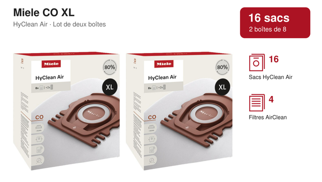 Miele CO HyClean Air : lot de 16 sacs, 2 boîtes de 8, 4 filtres AirClean.