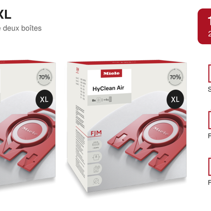 Miele FJM HyClean Air : lot de 16 sacs, 2 boîtes de 8, 4 filtres AirClean et 4 filtres moteur.