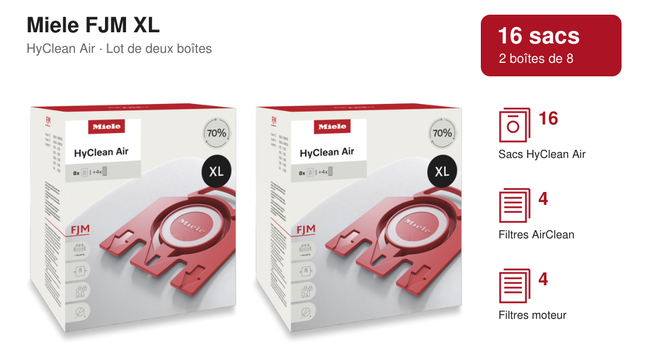 Miele FJM HyClean Air : lot de 16 sacs, 2 boîtes de 8, 4 filtres AirClean et 4 filtres moteur.