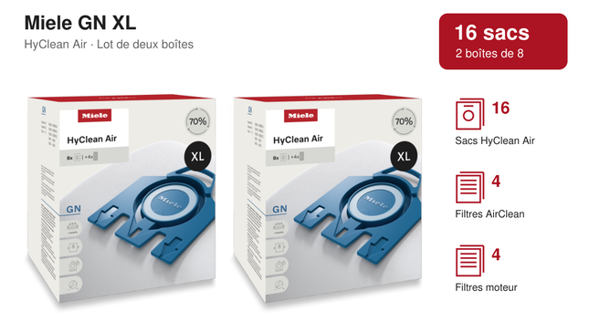 Miele GN HyClean Air : lot de 16 sacs, 2 boîtes de 8, 4 filtres AirClean et 4 filtres moteur.