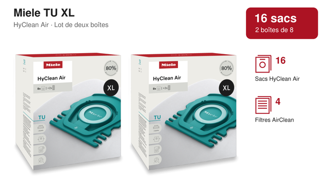 Miele TU HyClean Air : lot de 16 sacs, 2 boîtes de 8, 4 filtres AirClean.