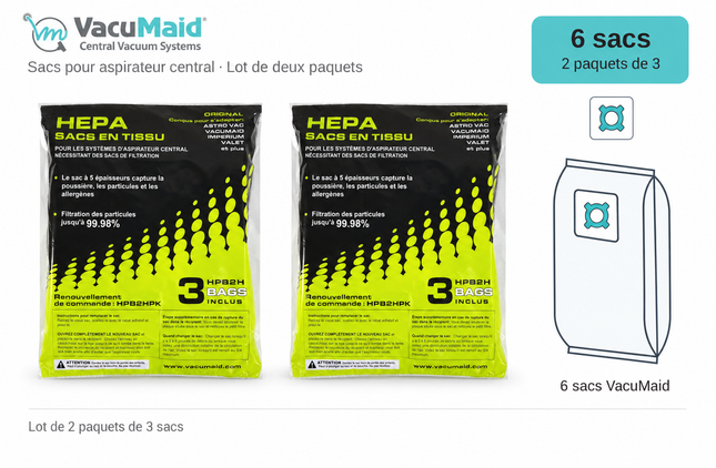 VacuMaid HPB2HPK : lot de 6 sacs, deux paquets de 3, raccord à quatre dents orienté à 45 degrés